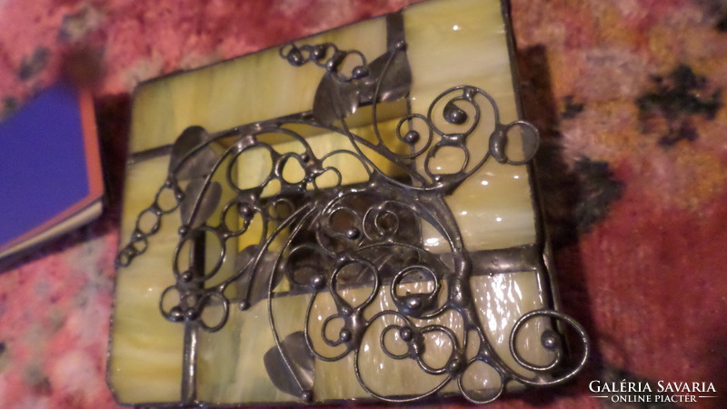 13 X 11 x 4 cm, special, metal overlay, glass jewelry box, in good condition.