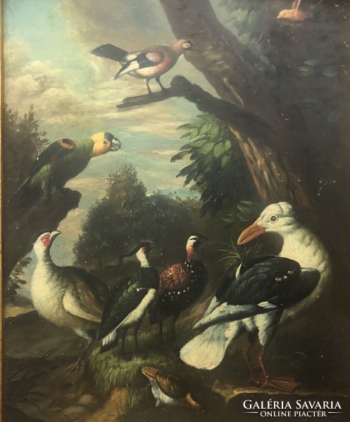 Egzotikus Bogdány Jakab tájkép madár olaj-fa festmény keretezve 55 x 45 cm
