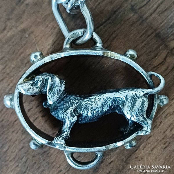 Antique large silver dachshund dog pendant with modern chain