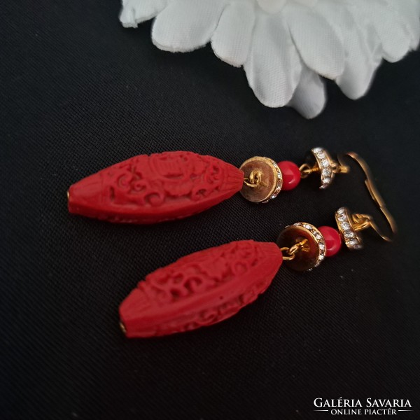 Gold-plated lava stone and coral earrings 7 cm