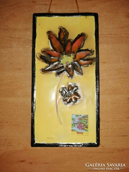 Retro Iparművész virágmintás kerámia falikép Hévíz matricával - 10,5*20,5 cm