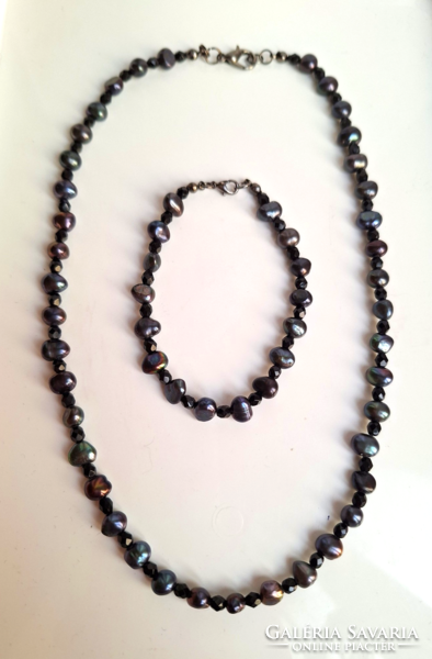 Genuine pearl necklace and bracelet black, green, purple 46 cm