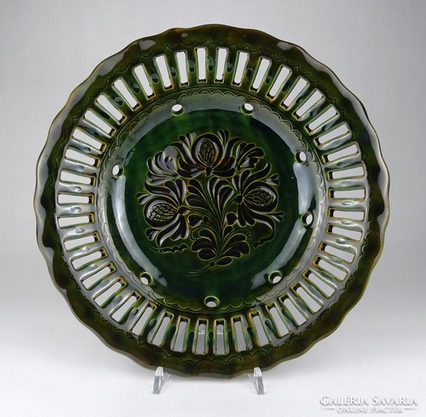 1R389 large green market pattern glazed openwork ceramic wall plate 31.5 Cm