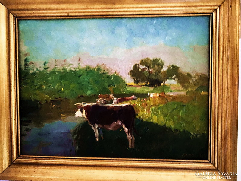 JUSZKÓ Béla (1877-1969) “Legelő tehenek” olajfestmény,szép keretben