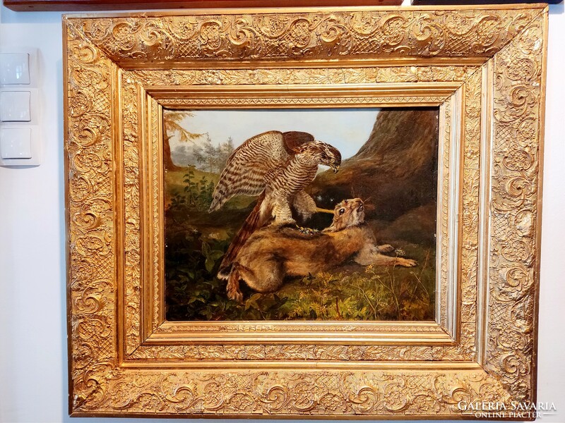 Vadászat, solymászat.... ezúttal vadász héjával...19. századi olaj, vászon festmény eladó.