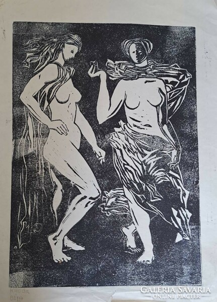 Béla Kádár: nudes, linocut, with a small tear at the bottom.
