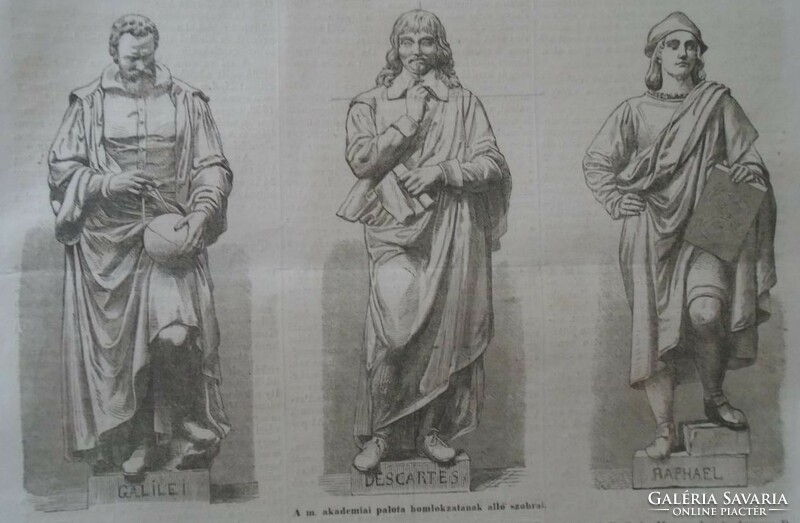 D203373 A magyar akadémiai palota homlokzatának szobrai - eredeti  fametszet  egy 1866-os újságból