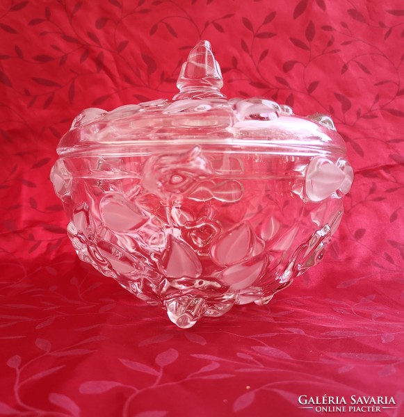 Walter Glass, plasztikusan rózsás, fedeles üveg bonbonier. Jelzett, hibátlan!