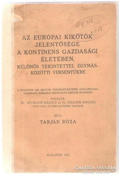 Tarján Róza: Az Európai Kikötők Jelentősége A Kontinens Gazdasági Életében  1932