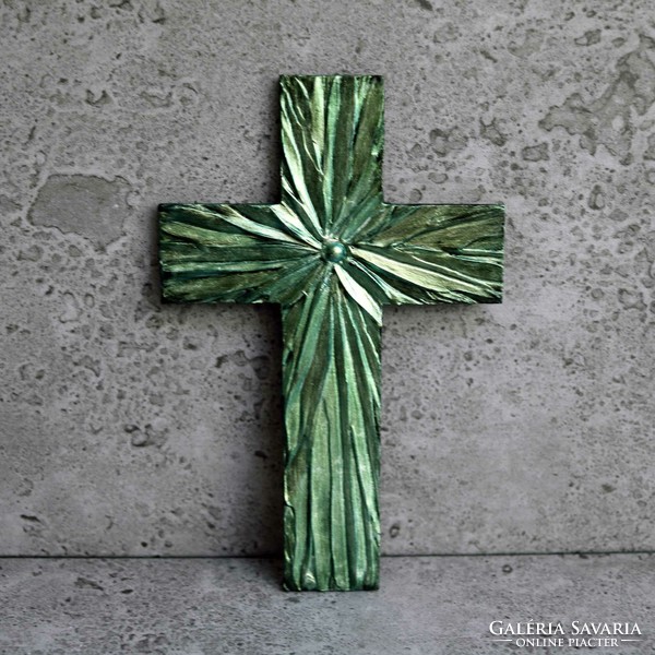 Pilipart, Zöld színjátszó kézműves falra akasztható kereszt, 18x12 cm