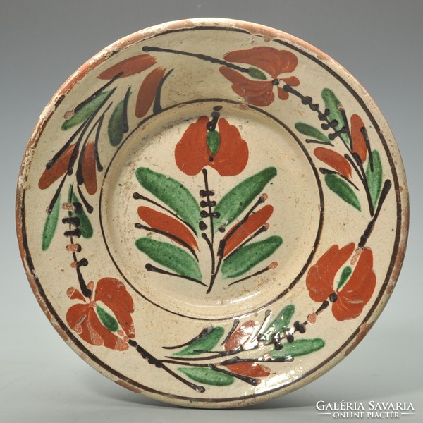 Old earthenware plate, Transylvanian customs village, earthenware with hanging lugs. Made between 1880-1905.