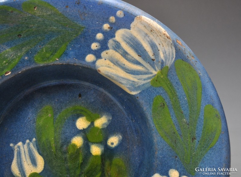 Erdélyi kék cserép mélytányér, Désháza, 100 éves.