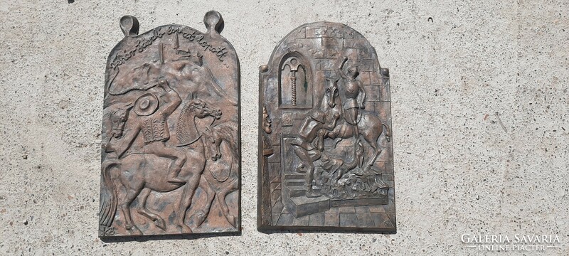 2 Bronze wall pictures with relief stone sign