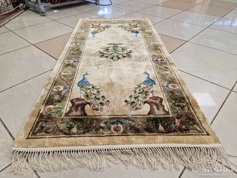 Dreamy bird motif bamboo silk 70x150 hand-knotted Persian rug mz272