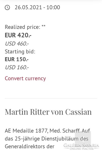 1877 . Martin Ritter von Cassian , a Duna Gőzhajózási Társaság vezérigazgatója DDSG . (64mm) Bronz .