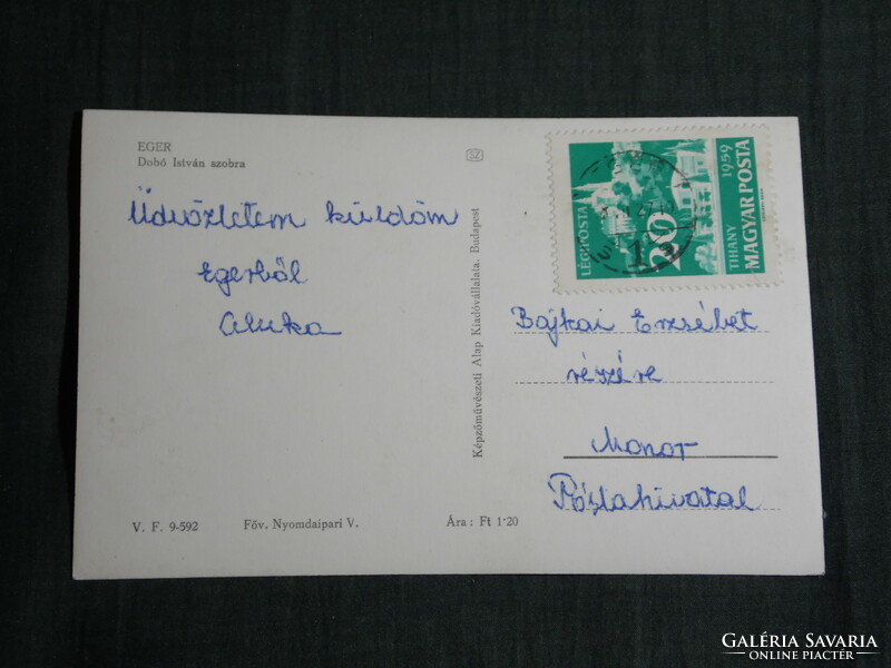 Képeslap, Eger, Dobó István szobor,emlékmű látkép,Stróbl Alajos, 1959-