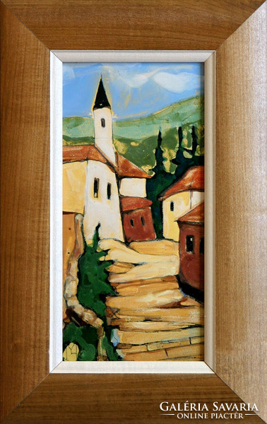 Fehér Margit: Dombok között - tűzzománc - keretezve 27x17cm - alkotás 20x10cm - FM24/810