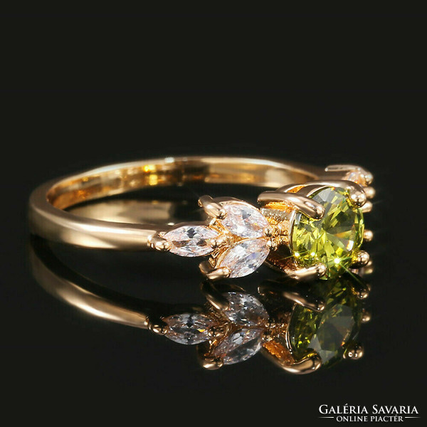 JAPÁN STÍLUSÚ KÜLÖNÖSEN SZÉP GYŰRŰ, OLIVA ÉS FEHÉR CIRKÓNIA KÖVES, 14 K. ARANYOZOTT