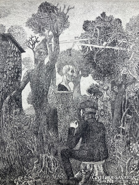 Berki Viola (1932-2001): A szomszéd kertje, jelzett rézkarc, 1984 - Rézkarcoló Művészek