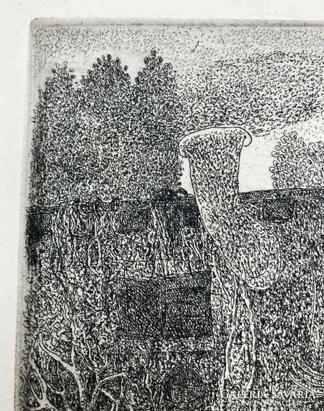 Berki Viola (1932-2001): A szomszéd kertje, jelzett rézkarc, 1984 - Rézkarcoló Művészek