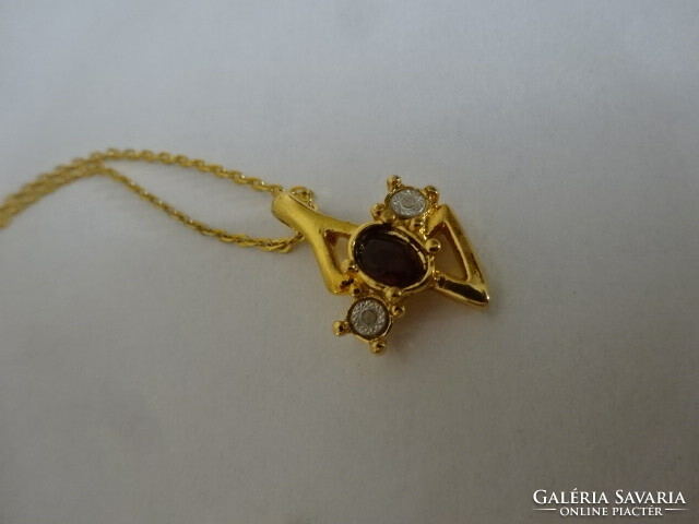 Gold-plated necklace from the 70s with a burgundy and white stone pendant. Jokai.