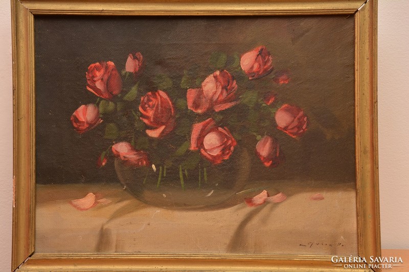 Murin Vilmos (1881-1952.) Rózsacsokor üveg vázában