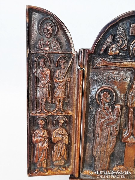 Modern bronz álló triptichon ikon