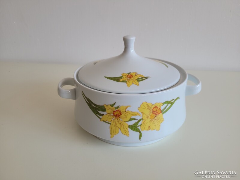 Régi retro nárcisz mintás Alföldi porcelán leveses tál fedeles virágos kínáló füles tál