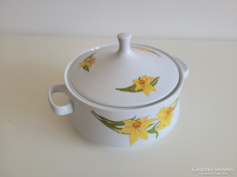 Régi retro nárcisz mintás Alföldi porcelán leveses tál fedeles virágos kínáló füles tál