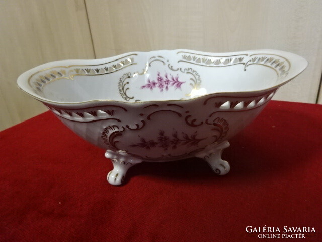 Hollóházi porcelán, áttört szélű asztalközép, hossza 25 cm. Jelölése: 9017. Emi
