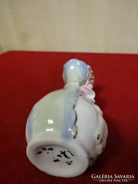 Német porcelán mini váza, maci figura az oldalán, rózsa masnival, magassága 8,5 cm. Emi
