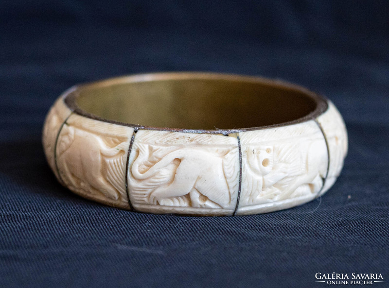 Vintage réz karperec faragott csont betétekkel - karkötő, karék, ékszer - etno ethno folk art goa