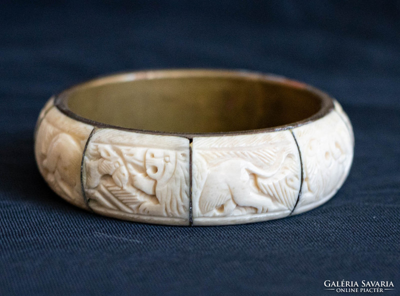 Vintage réz karperec faragott csont betétekkel - karkötő, karék, ékszer - etno ethno folk art goa