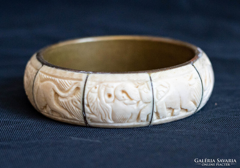 Vintage réz karperec faragott csont betétekkel - karkötő, karék, ékszer - etno ethno folk art goa