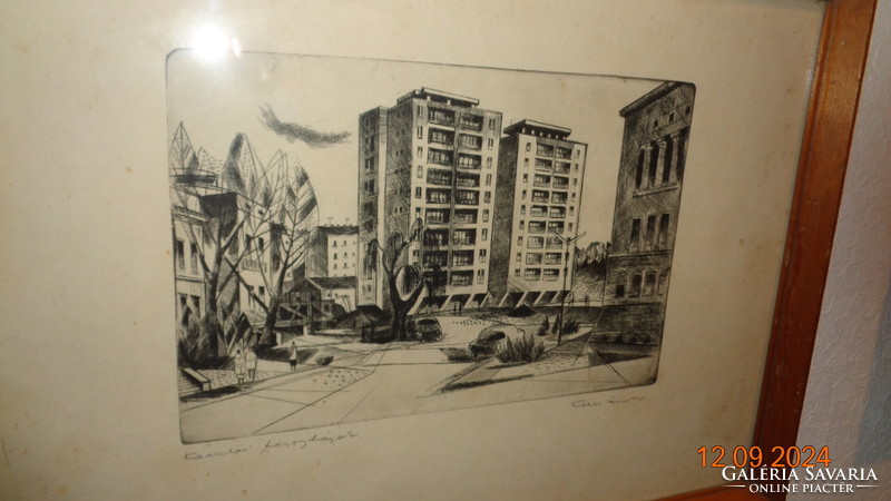 Kelle S.  Komlói toronyházak  , szoc reál rézkarc   51 x 38 cm