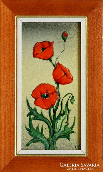 Fehér Margit: Pipacsok - tűzzománc - keretezve 27x17cm - alkotás 20x10cm - FM24/815