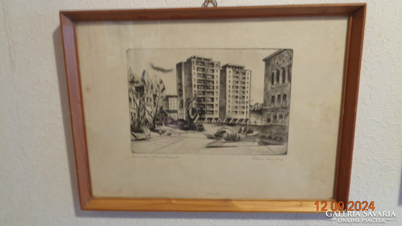 Kelle S.  Komlói toronyházak  , szoc reál rézkarc   51 x 38 cm