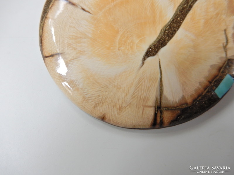 Régi kézműves Jürgen Schott nagyméretű mammut agyar bross türkiz intarziával