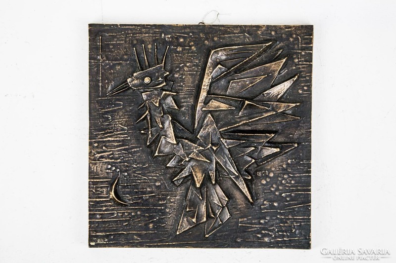 Percz János: Bronz kakas kisplasztika, diófa állvánnyal - 52160
