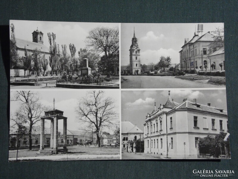 Képeslap,Szécsény,mozaik,harangláb,emlékmű,templom,tanácsháza,utca látkép, részlet, 1959-