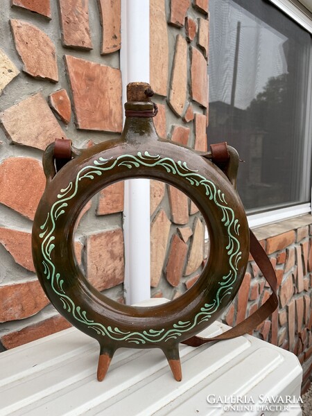 36.5 cm Hatalmas  retro kerámia népi írásos pereckulacs kulacs  falusi paraszti nosztalgia dekoráció