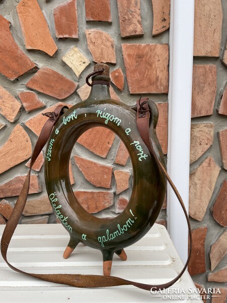 36.5 cm Hatalmas  retro kerámia népi írásos pereckulacs kulacs  falusi paraszti nosztalgia dekoráció