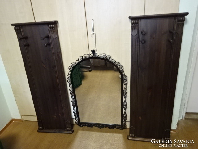 Pine hall wall, two pieces, tin German style and a mirror in a forged iron frame. Emi