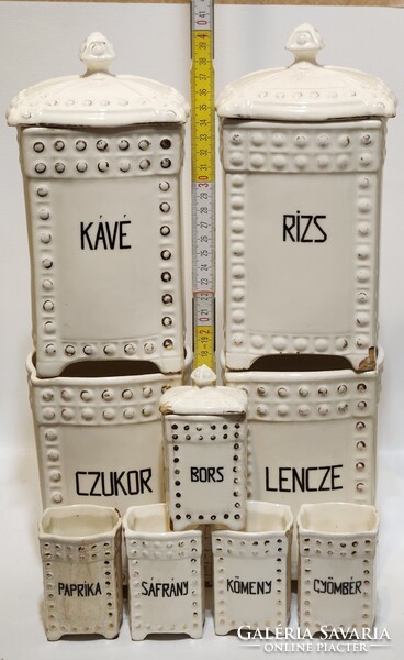 "Julie" jelzett "Kávé, rizs, czukor..." feliratos fehér konyhai keménycserép fűszertartó 9 db (3204)