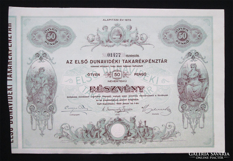 Első Dunavidéki Takarékpénztár részvény 50 pengő 1930 - Kiskőrös