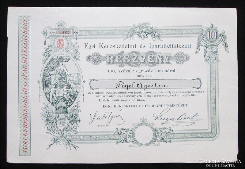 Egri Kereskedelmi és Iparhitelintézet részvény 100 korona 1895 - Eger