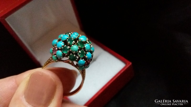 Csodálatos rubin-smaragd türkiz gyűrű 585 arany