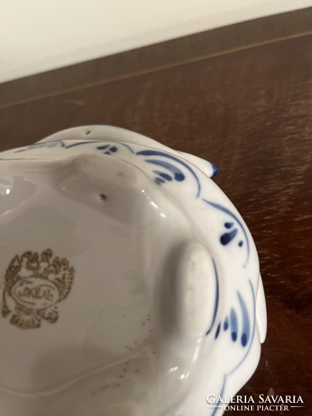 Gzhel orosz Belugás kaviártartó. Kézzel festett, kobaltkék-fehér, hibátlan darab!