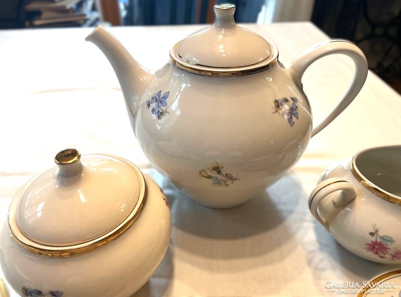 Hollóházi 6 személyes porcelán aranyozott virágmintás teáskészlet, régi
