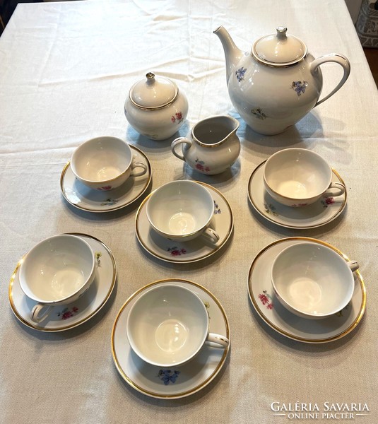 Hollóházi 6 személyes porcelán aranyozott virágmintás teáskészlet, régi